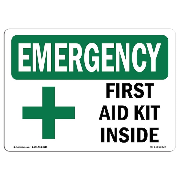 Safety Sign, OSHA EMERGENCY, 3.5" Height, First Aid Kit Inside, Landscape, 10PK